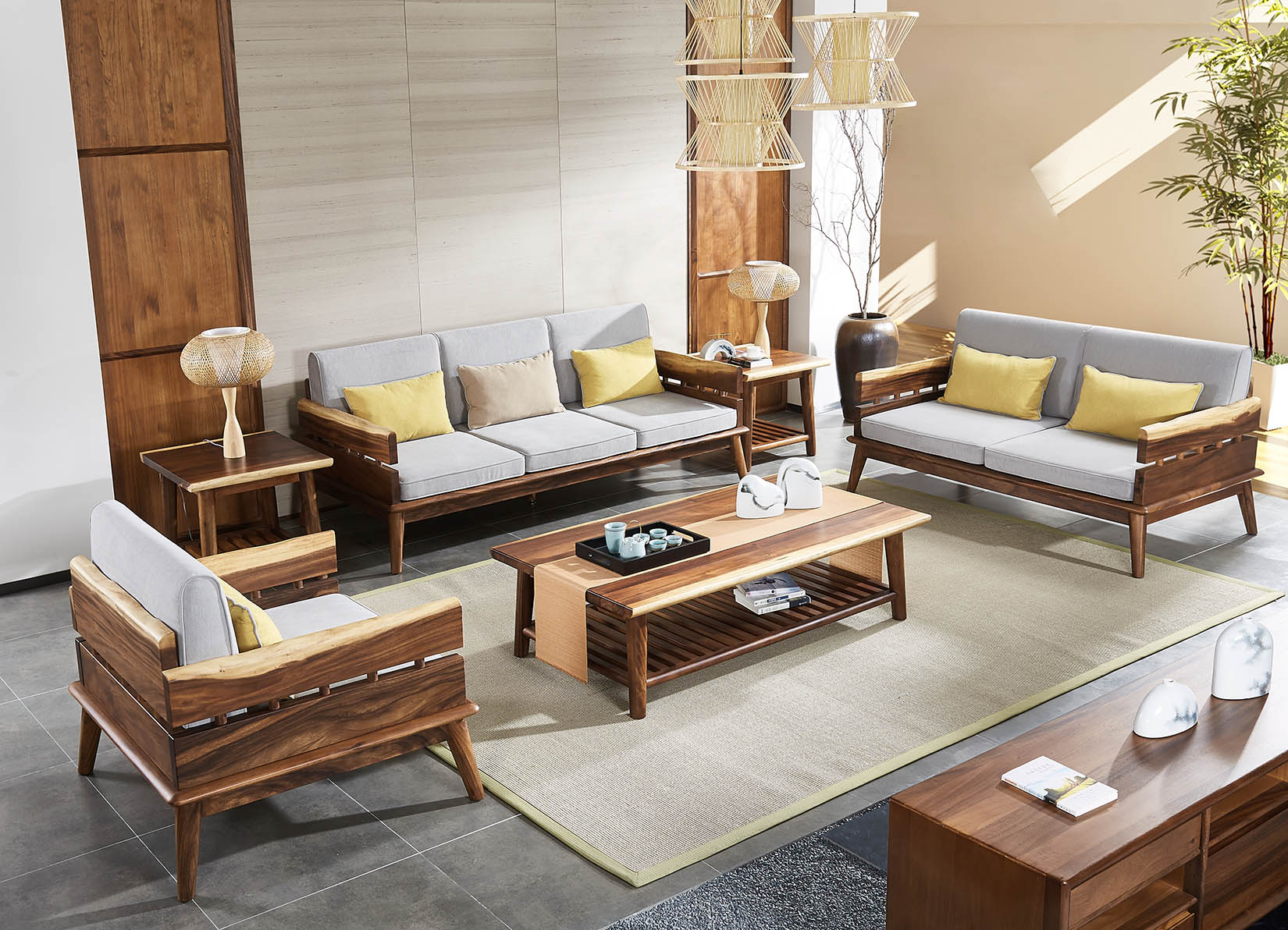 胡桃院子-新中式家具-胡桃木天然乳白色边材-原生态沙发茶几